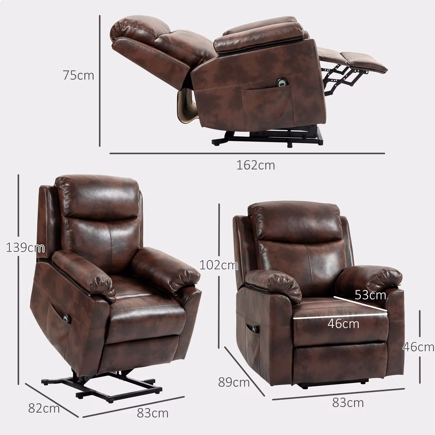 HOMCOM Dark Brown Riser and Recliner Chair for the Elderly with Remote Control and Side Pockets – 3