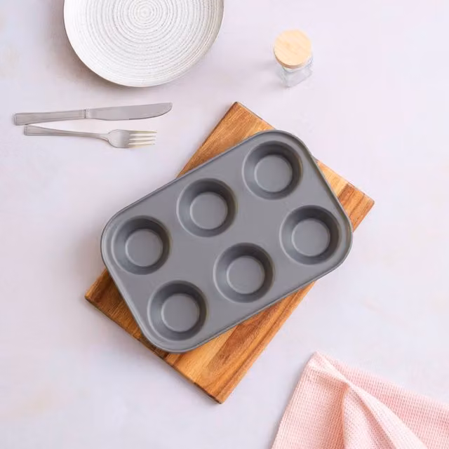Betterware Essentials 6 Cup Non-Stick Carbon Steel Muffin Tray in Silver