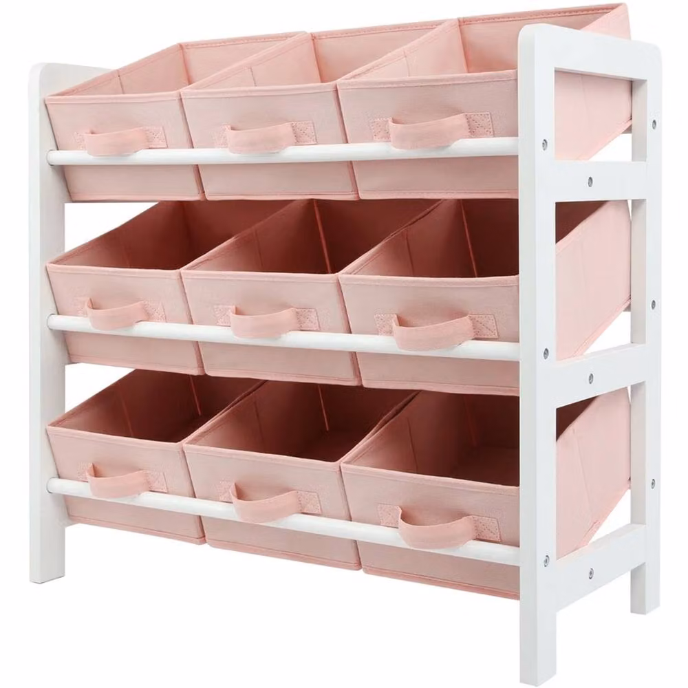 VOGREX Pink and White 3 Tier Toy Storage Unit with 9 Lacquered Wood Cubes for Childrens Bedrooms – 2