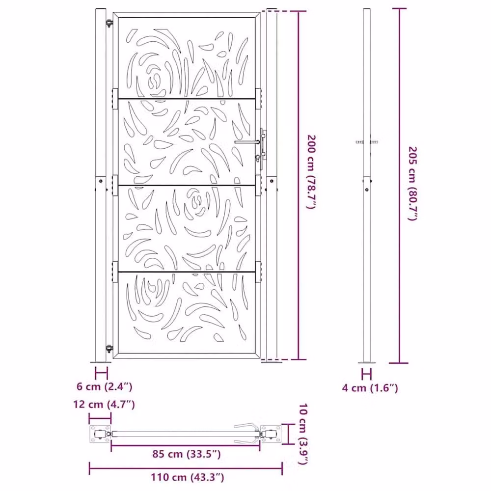 Berkfield Home Beautiful Steel Garden Gate in Black, W: 105 cm, H: 205 cm – 6