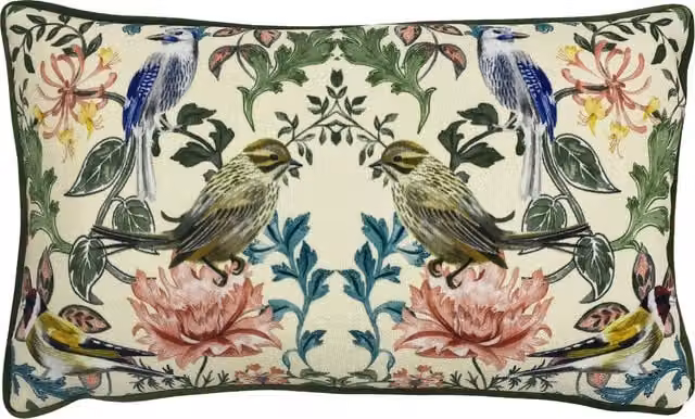 Make it a Home Heritage Birds Piped Rectangular Cushion in Green and Multicolour with Polyester and Feather Filling