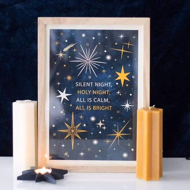 Uniqueful Silent Night Framed Wall Art Print in Gold, Blue and Multicolour