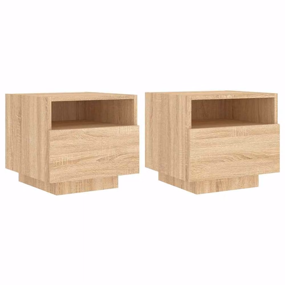 Berkfield Home Set of 2 Decorative Bedside Cabinets with Integrated LED Lights in Sonoma Oak and Light Tan – 1