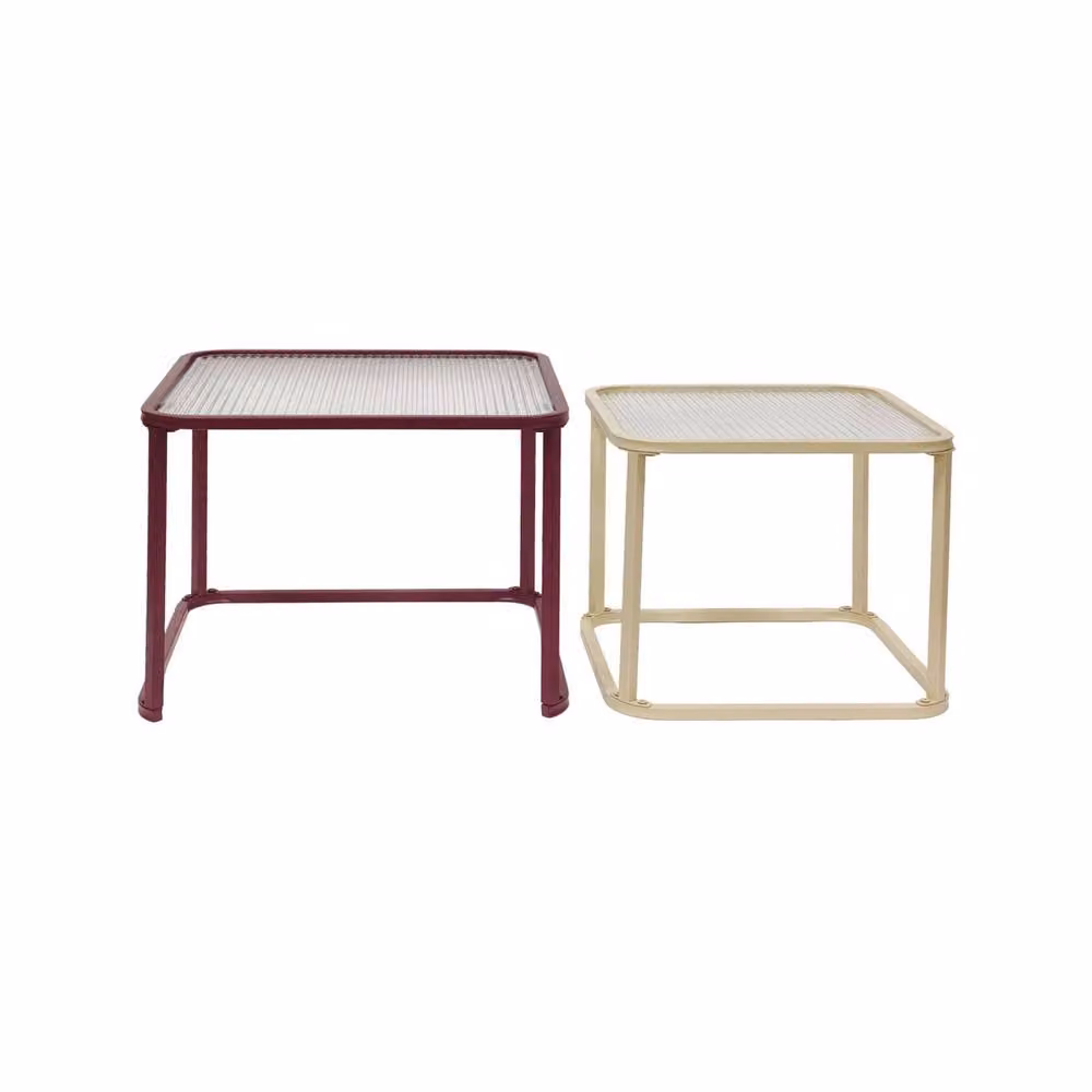 sweeek Set of 2 Modern Square Nesting Tables with Burgundy Metal Frames and Ribbed Glass Tops – 2
