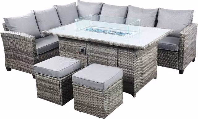 Madefor.living Conwy 8 Seat Fire Pit Corner Rattan Dining Set in Dark Grey