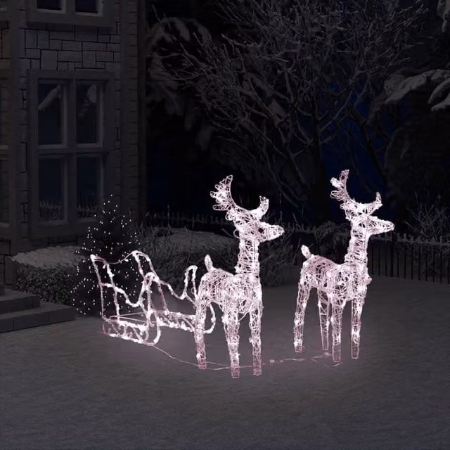 Berkfield Home Reindeers and Sleigh Christmas Decoration with 160 Multicolour LEDs, Height: 130 cm, White Acrylic – 1