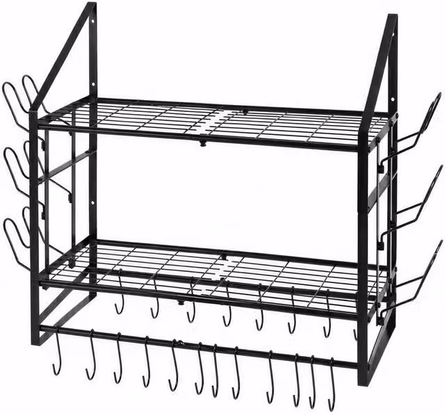 VOGREX Black Metal Kitchen Pot Pan Rack and Lid Holder Storage Organiser with 20 Hooks