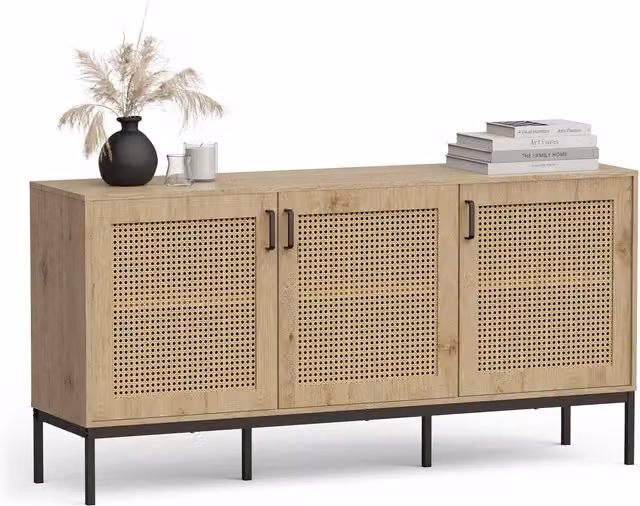 VonHaus Boho Rattan Effect Wide Storage Sideboard in Brown, Black and Beige