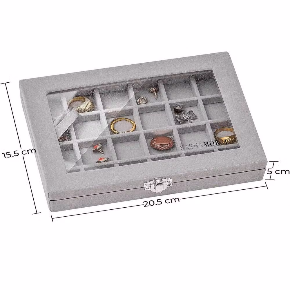 Havendro Velvet Jewellery Organiser Box in Grey with Lid – 2