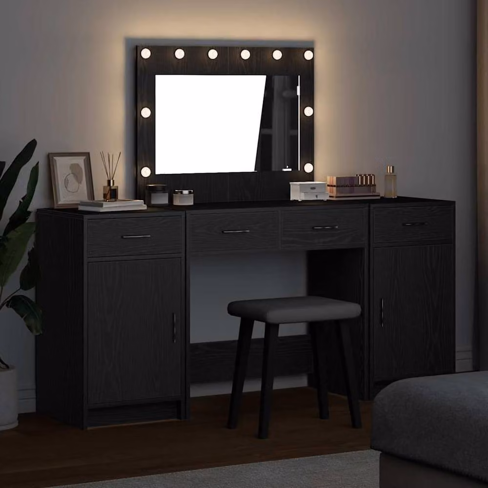 Berkfield Home 3-Piece Hollywood LED Dressing Table Set in Black Matt MDF – 3