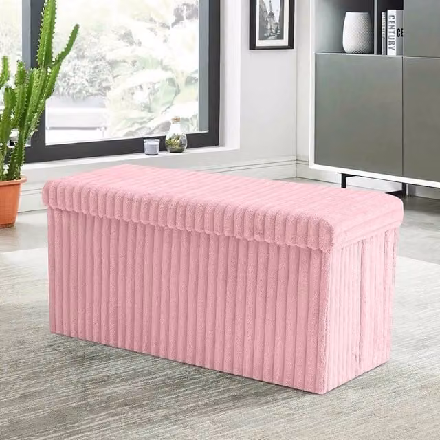 VOGREX Pink Ribbed Fabric Storage Box Large Capacity Ottoman