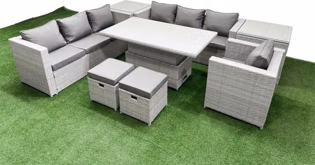 Fimous 8 Piece Rising Dining Table Set with 3 Seater Sofa in Light Grey Polyrattan and Glass