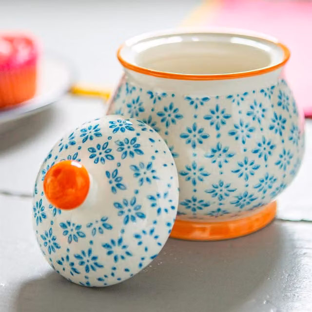 Nicola Spring Hand-Printed Ceramic Sugar Bowl, Blue, Diameter: 10 cm