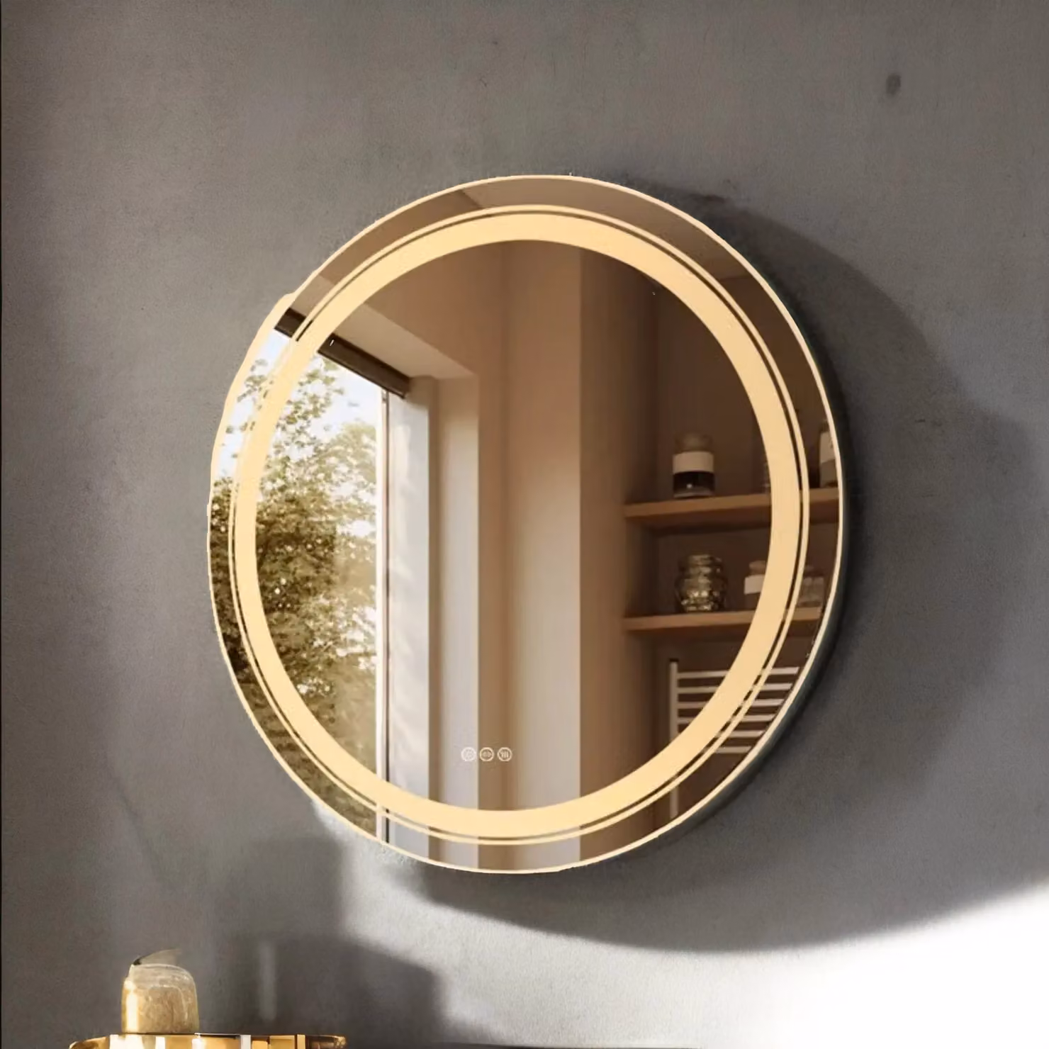 Pirlo Plush Round LED Illuminated Dimmable Wall Mirror with Anti-Fog Demister in Gold/Brass – 2