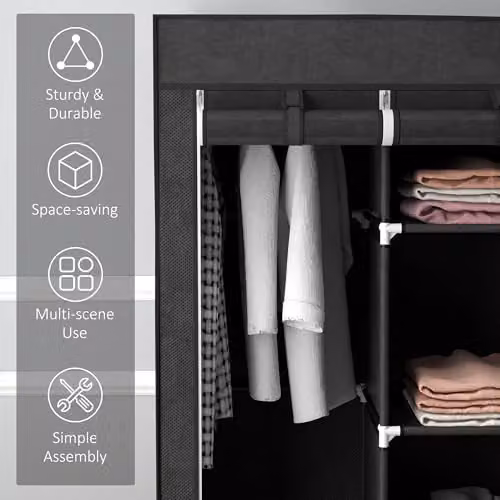 HOMCOM Black Fabric Wardrobe with Roll Shutter, Hanging Rod, Internal Shelves and Drawers – 5