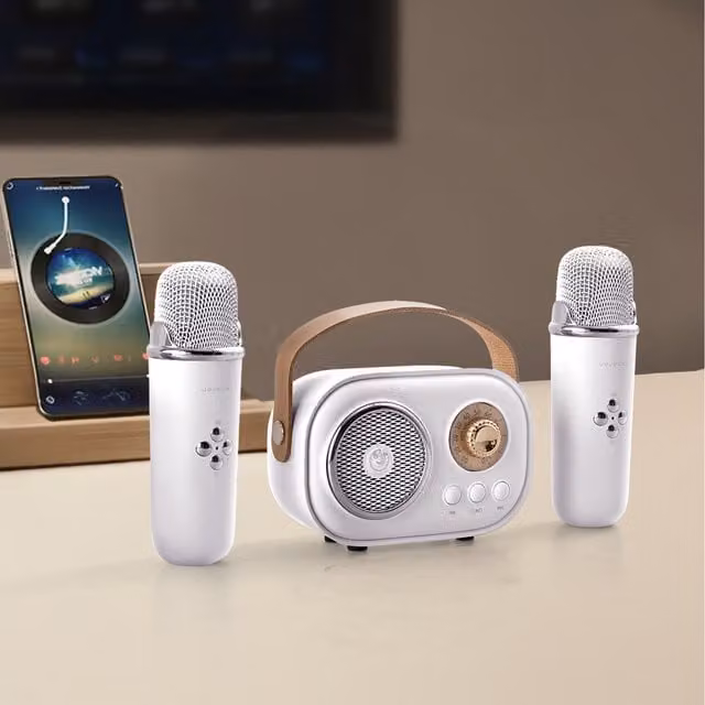 Komore Portable Karaoke Machine with Wireless Microphones, White
