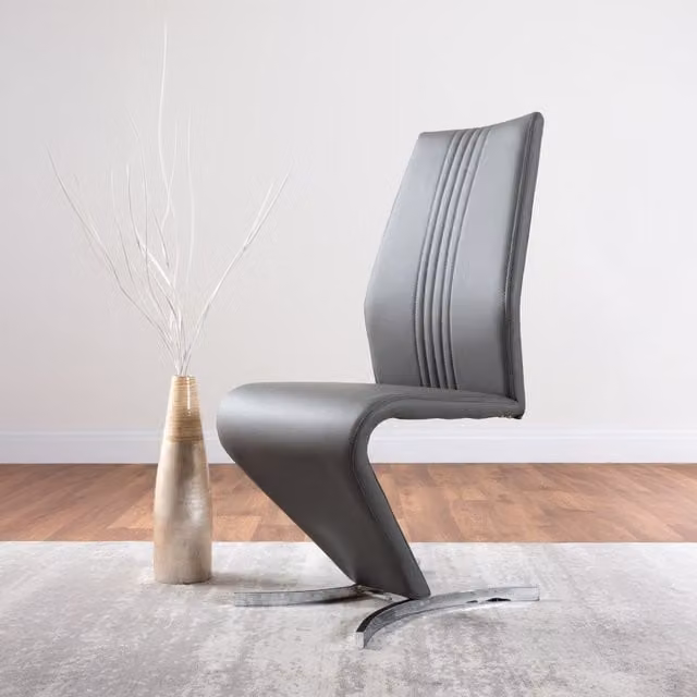 FurnitureboxUK Set of 2 Willow Modern Z-Shaped Faux Leather Dining Chairs with Silver Chrome Metal Legs in Grey – 1