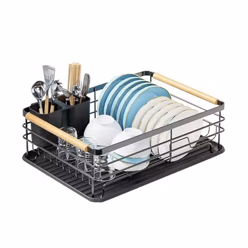 ATEK 1 Tier Black Steel Kitchen Dish Drainer Rack with Wooden Handle, Cutlery Holder and Drip Tray – 9