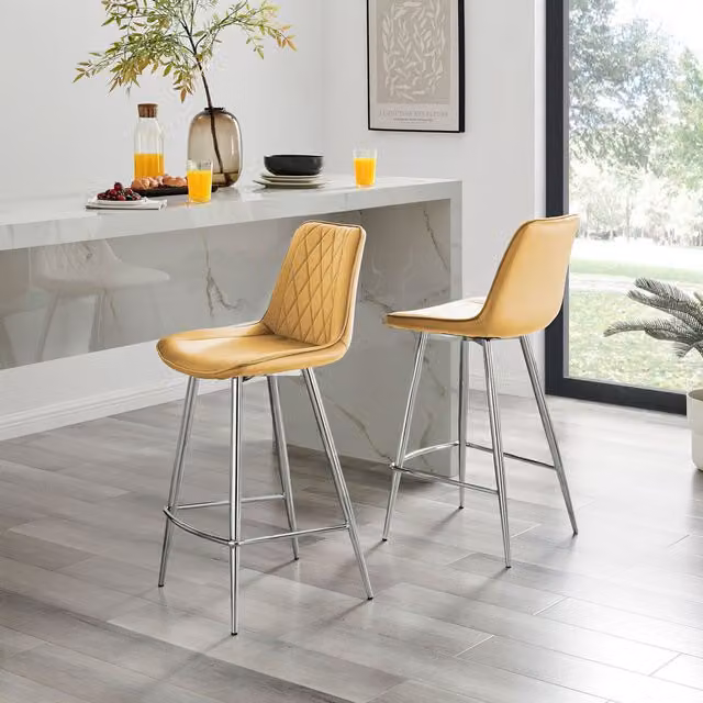 FurnitureboxUK Pesaro Velvet Upholstered Kitchen Breakfast Bar Chairs in Yellow with Silver Metal Legs, Set of 2