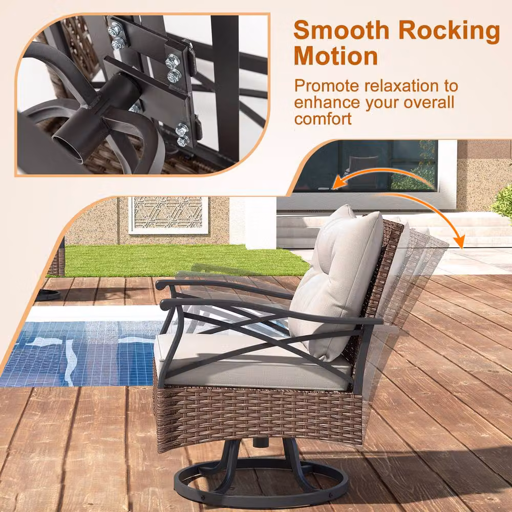 Gymax Brown Polyrattan Patio Swivel Rocker Set with 3 Upholstered Armchairs and 2-Tier Coffee Table – 2