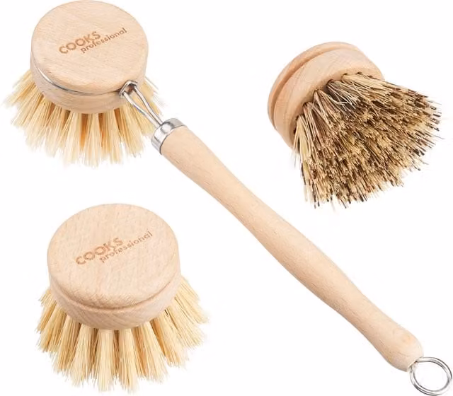 Cooks Professional Eco Bamboo Brush with 3 Refillable Natural Fibre Heads in Brown and Yellow
