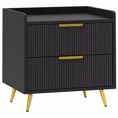 HOMCOM Modern Bedside Table with 2 Drawers and Metal Legs in Black and Gold, W: 40 cm, D: 40 cm, H: 50 cm