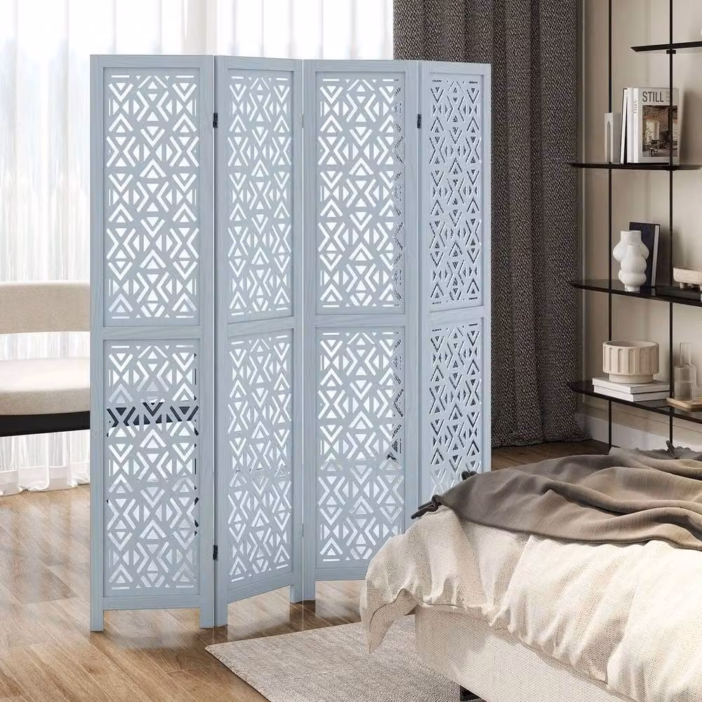 NESTLUNE 4 Panel Folding Room Divider Carved Privacy Screen in Blue, H 165 cm x W 100 cm x D 100 cm – 4