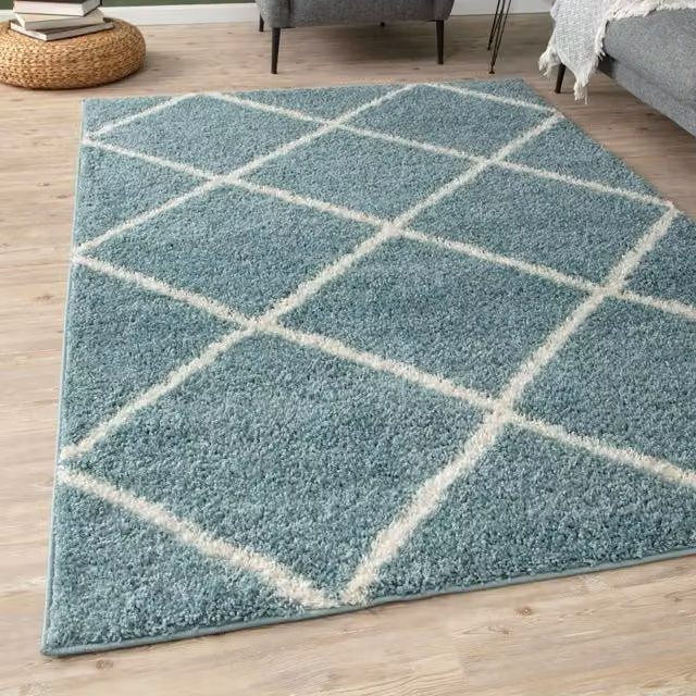 THE RUGS Moroccan Soft High Pile Shaggy Diamond Rug in Duck Egg Blue, W: 140 cm, L: 200 cm – 1