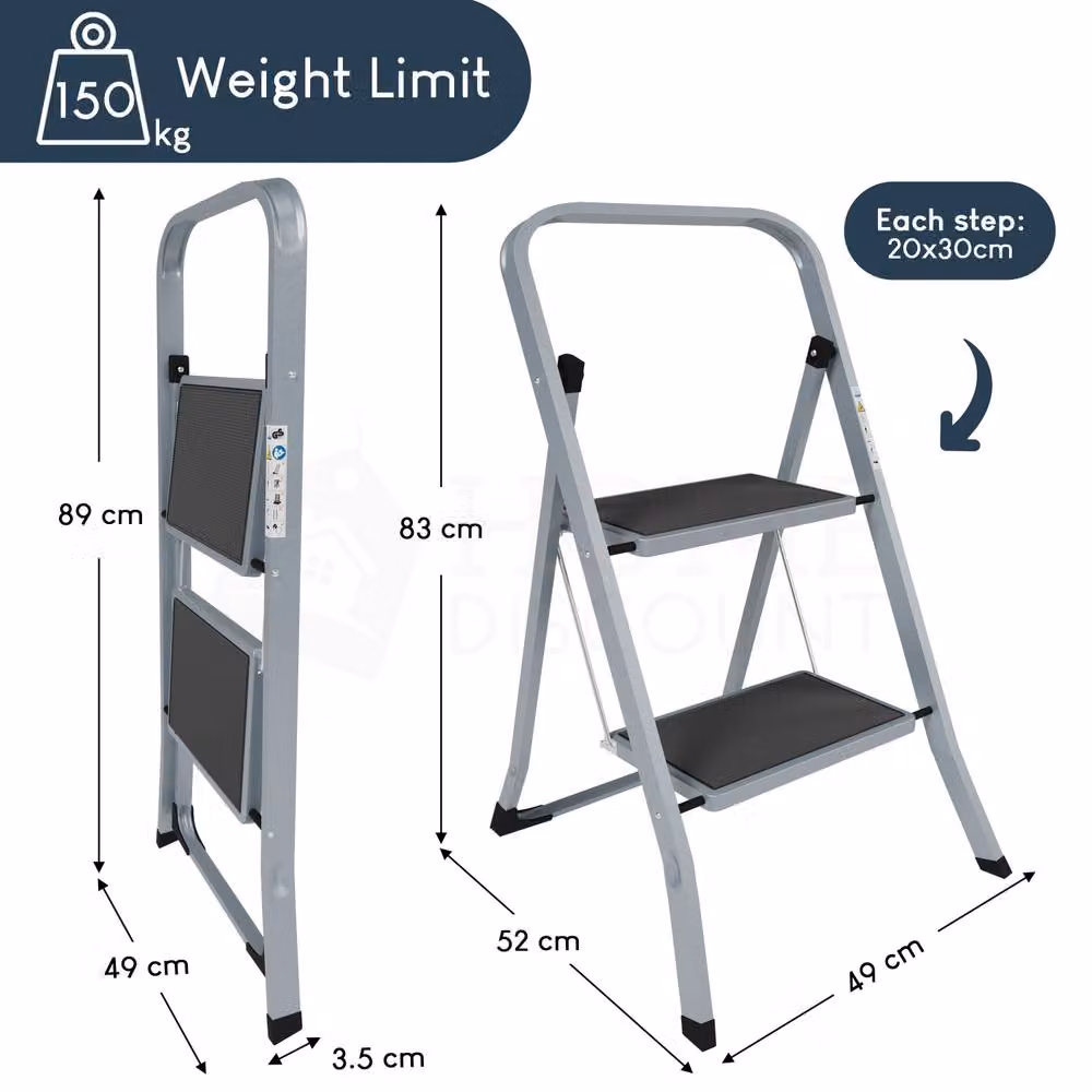 HD Designs 2 Step Folding Ladder with Anti-Slip Mat in Grey – 2