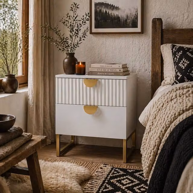 Wyld Haus Coelta Loni White and Gold 2 Drawer Bedside Table with Ribbed Front