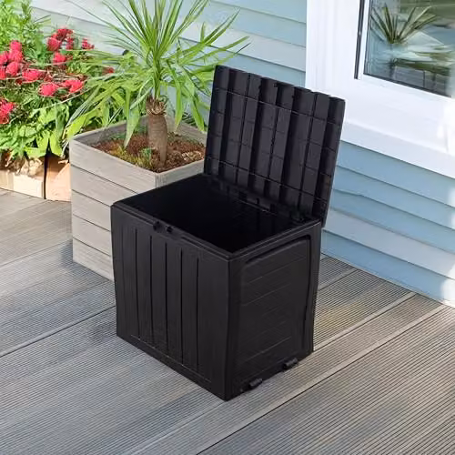 Simpa 120L Wood Panel Effect Plastic Garden Storage Box in Black and Grey, W/D/H: 57.8 x 44.0 x 55.0 cm – 2