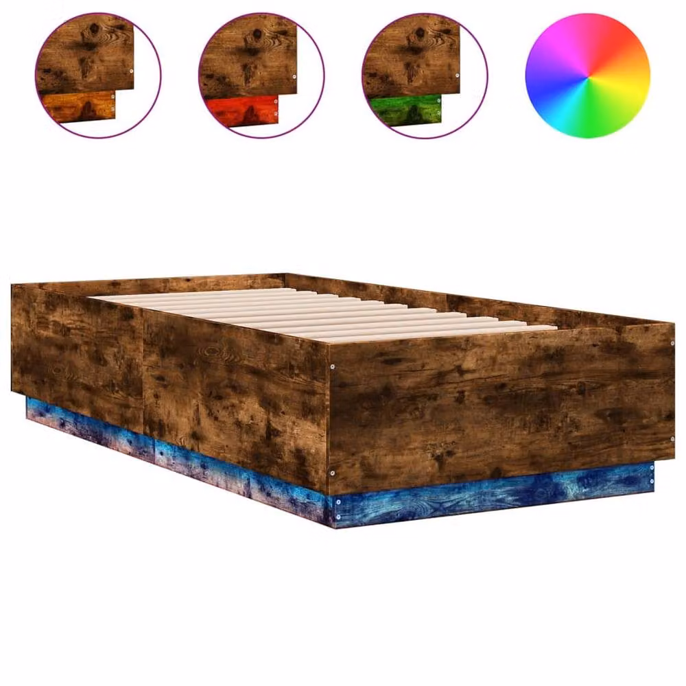 Berkfield Home Durable Single Bed Frame with LED Under-Bed Lighting in Smoked Oak Brown, W/D/H: 90 x 190 cm – 3