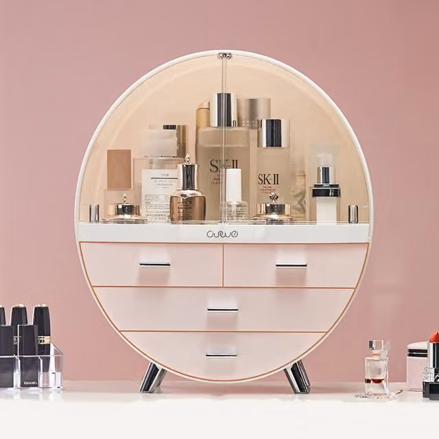 Livingandhome Pink and Transparent Plastic Makeup Organiser with Lid, Width: 40 cm