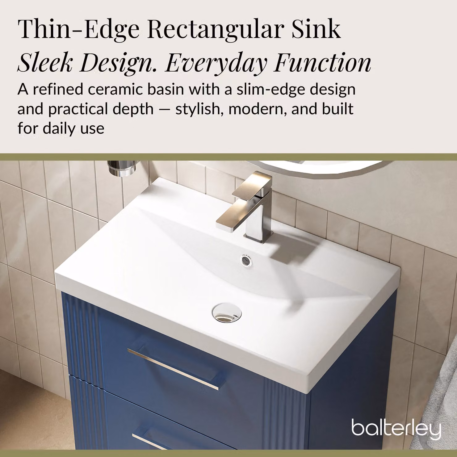 Balterley Wall Hung 2 Drawer Vanity Unit with Thin-Edge Basin, Satin Blue, W: 60 cm, D: 55 cm, H: 60 cm – 3