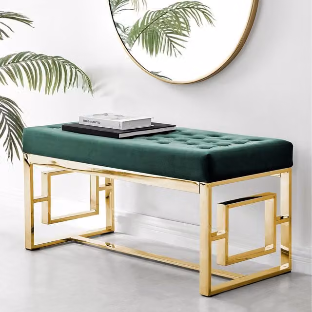 FurnitureboxUK Cambridge Modern Green Velvet and Gold Metal Bench Seat Chair