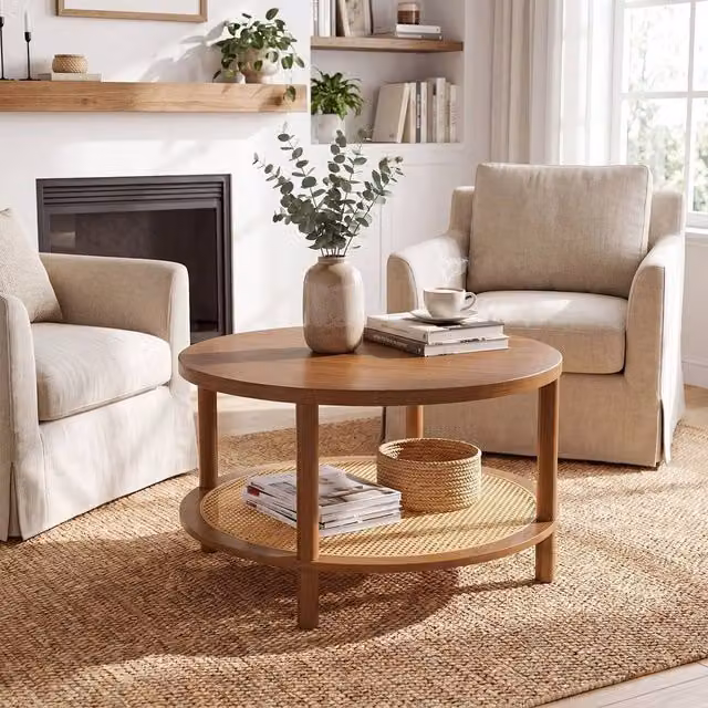 KORVIXA Round Boho Accent Table with Shelf in Brown Rubberwood, W/D/H: 100 x 100 x 80 cm