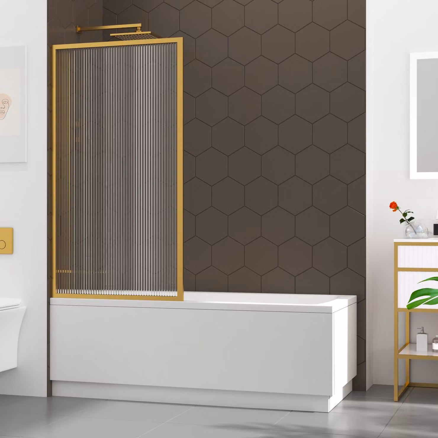 Cesar Square Single-Ended White Acrylic Bath Tub with Brushed Brass Framed Fluted Screen