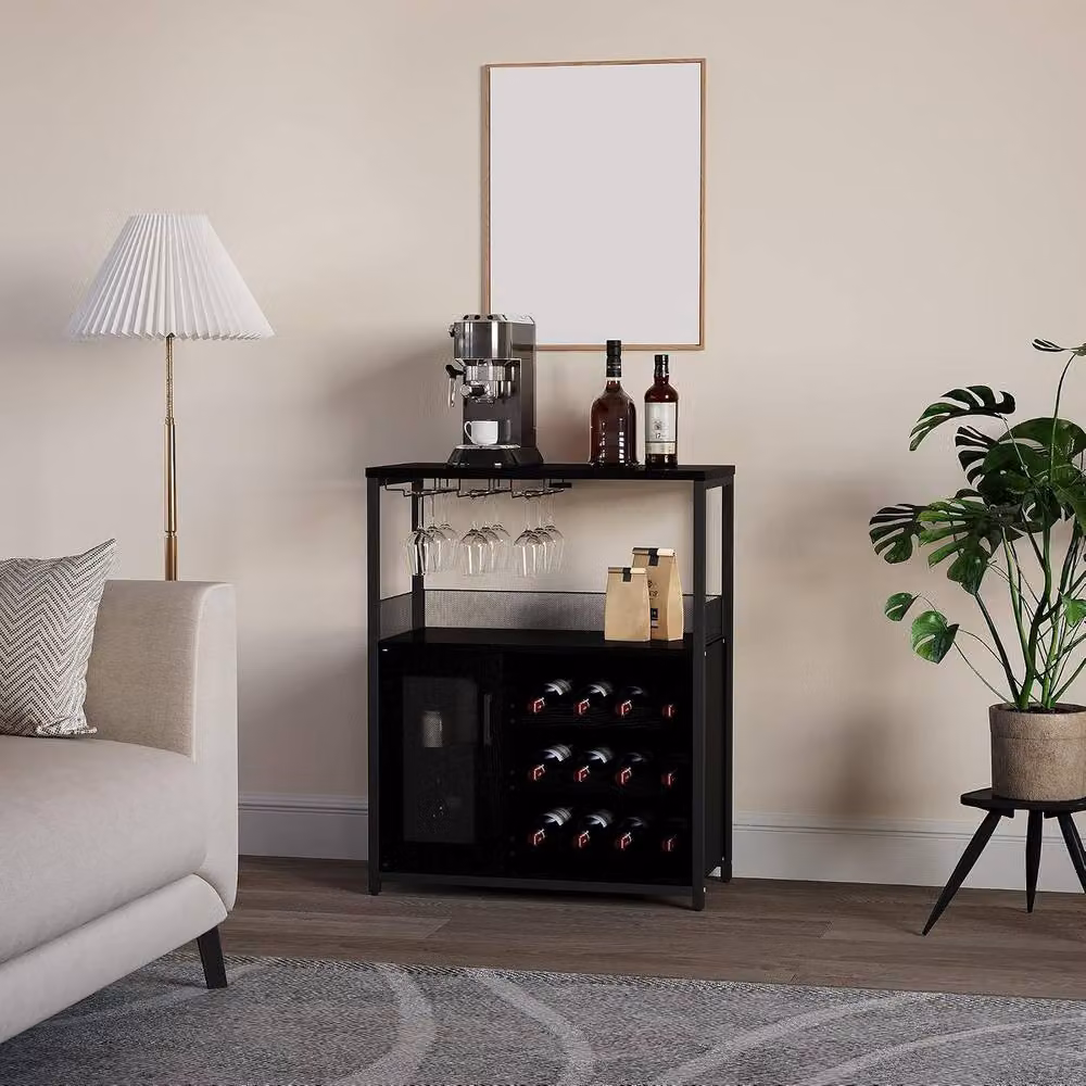 London Boutique 3-Tier Modern Wine Bar Cabinet and Sideboard with Glass Holder in Black – 3