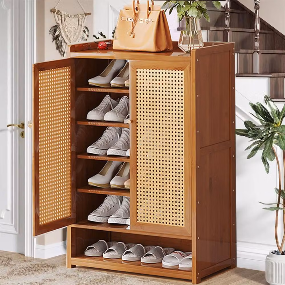 VOGREX Wooden Shoe Cabinet with Double Rattan Doors in Brown, W/D/H: 94 x 32 x 60 cm – 3