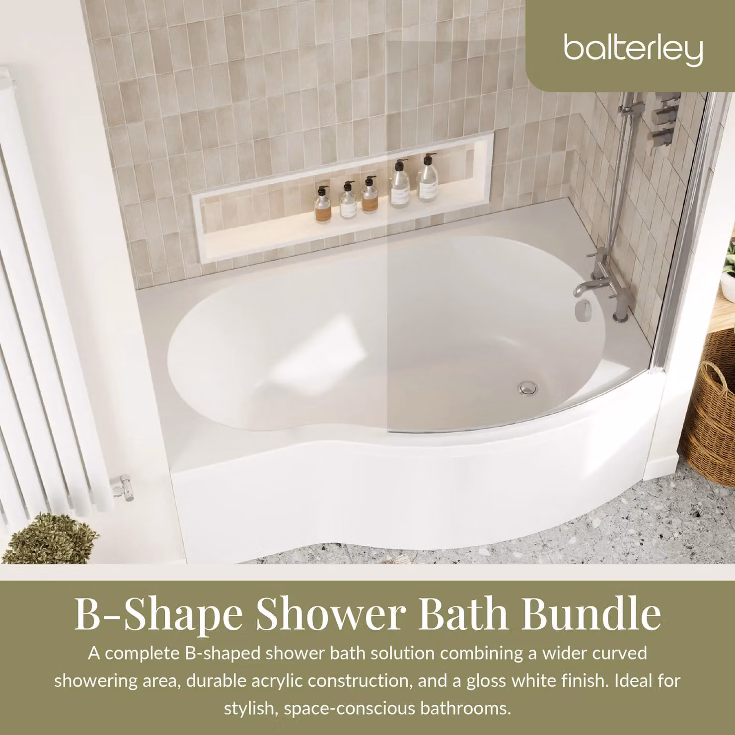 Balterley Right Hand D-Shaped Shower Bath with Glass Screen and Front Panel, White, Length: 150 cm – 2