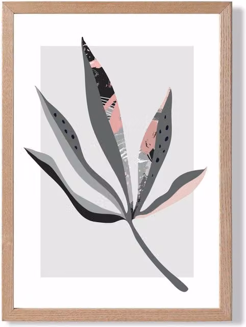 ARTZE Boho Botanical Palm Leaf Framed Print in Grey and Pink with Oak Wood Frame, A2