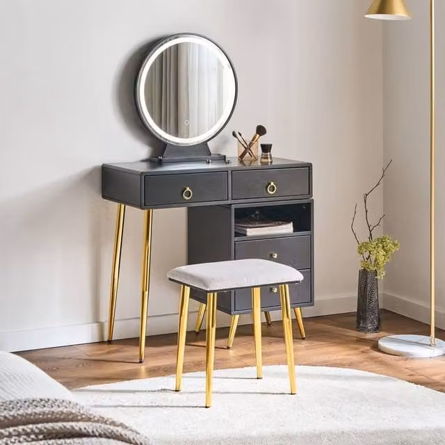 Wyld and Coco Glam Dressing Table in Black and Gold with 6 Drawers and Hollywood LED Mirror, W/D/H: 133 x 38 x 98 cm – 1