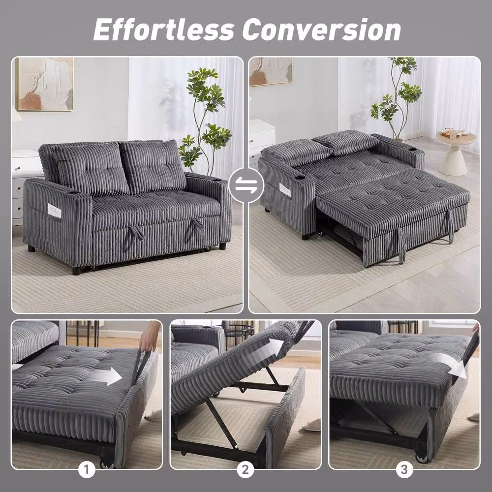 STILVORA 2 Seater Click-Clack Sofa Bed with Cup Holders in Grey – 4