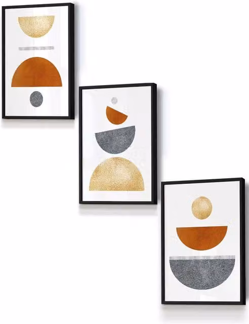 ARTZE Mid Century Abstract Geometric Framed Wall Art in Orange, Gold, Grey and Black, W: 33 cm, H: 45 cm, D: 0.2 cm