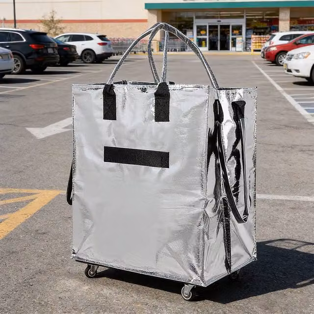 Ventryn Spacious Folding Shopping Cart Bag with Wheels in Silver