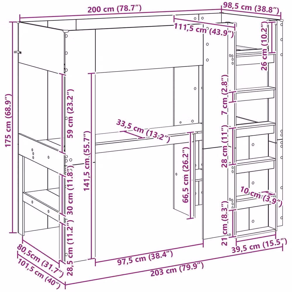 Berkfield Home Loft Bed Frame with Desk and Side Compartment Storage, Grey, W: 100 cm, L: 200 cm – 3