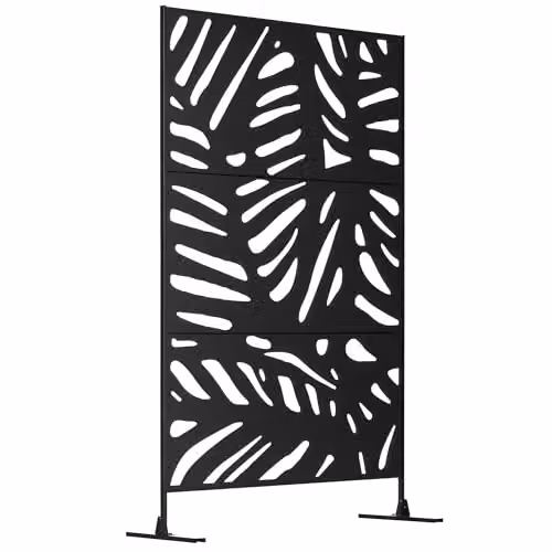 Outsunny Black Decorative Garden Privacy Screen with Large Leaf Design, Freestanding Metal Trellis Paravent, H 198 x W 122 x D 45 cm