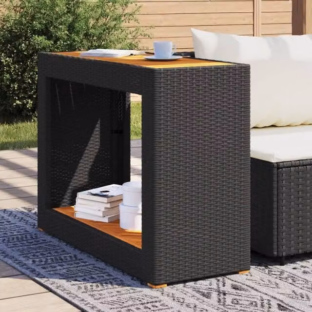 Berkfield Home Black Poly Rattan Garden Side Table with Oiled Acacia Wood Top, W: 100 cm, D: 40 cm, H: 75 cm