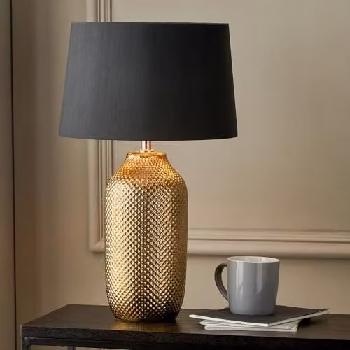 Pacific Lifestyle Art Deco Ceramic Bottle Table Lamp with Black Tapered Fabric Shade in Gold and Black – 1