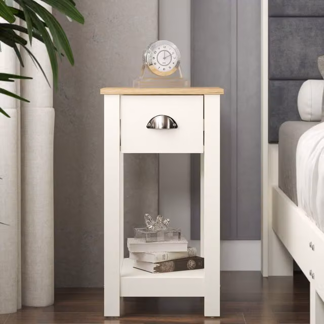 Galano Lilly Slim Side Table with Storage Drawer in Ivory and Beaufort Oak, W/D/H: 35 x 32 x 59.5 cm
